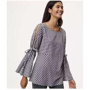 LOFT Blouse Top Plaid Gingham Check Boho Bell Sleeves Black White L Cottage Core
